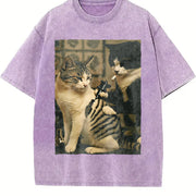 Cat Drinking Vintage Washed T-Shirt in Purple