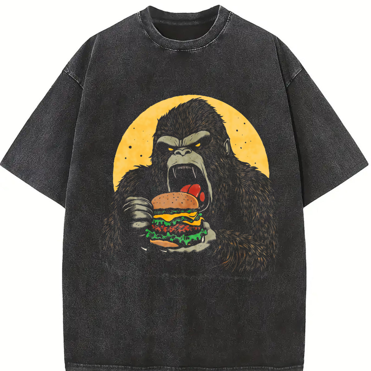 Retro Gorilla Eating Hamburger 90s Vintage Washed T-Shirt in Black