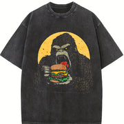 Retro Gorilla Eating Hamburger 90s Vintage Washed T-Shirt in Black