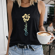 Aloha Hibiscus Women's Color Cotton Tank Top in Black