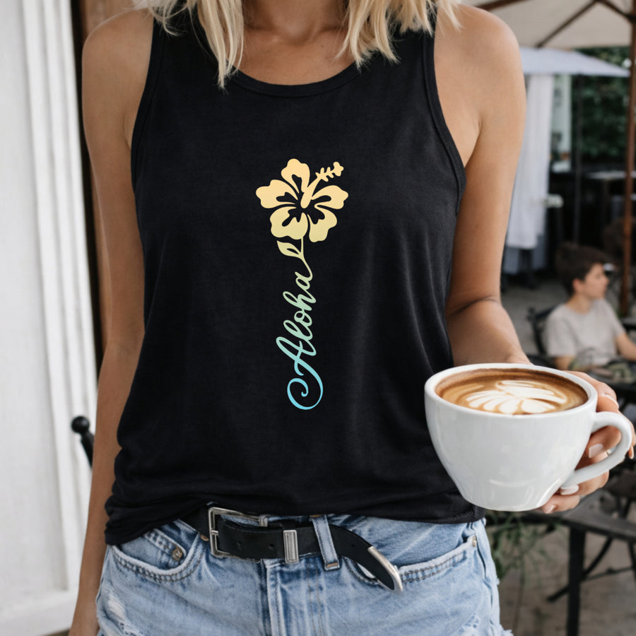 Aloha Flower Crew-neck Sleeveless Vest Outdoor Women's Color Cotton Tank Top in Black