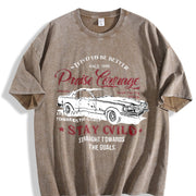 Retro Race Car Praise Courage Stay Wild Racing Letter Vintage Washed T-Shirt in Brown