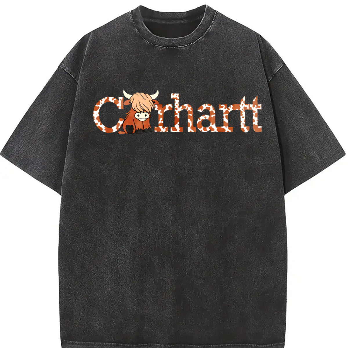 Cute Western Wind Highland Cow Farm Vintage Washed T-Shirt in Black