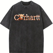 Cute Western Wind Highland Cow Farm Vintage Washed T-Shirt in Black