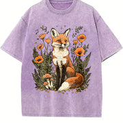 Autumn Fox and Falling Leaves Vintage Washed T-Shirt in Purple