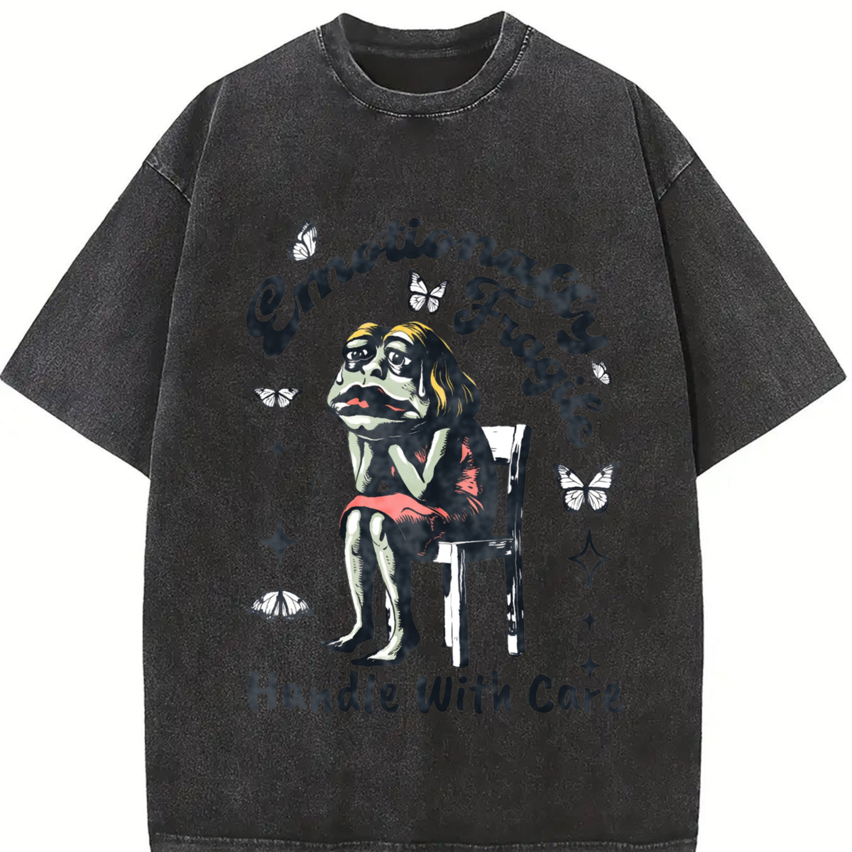 Frog Woman with Tears Emotionally Vintage Washed T-Shirt in Black