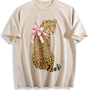 Pink Leopard with Bow Vintage Washed T-Shirt in Beige