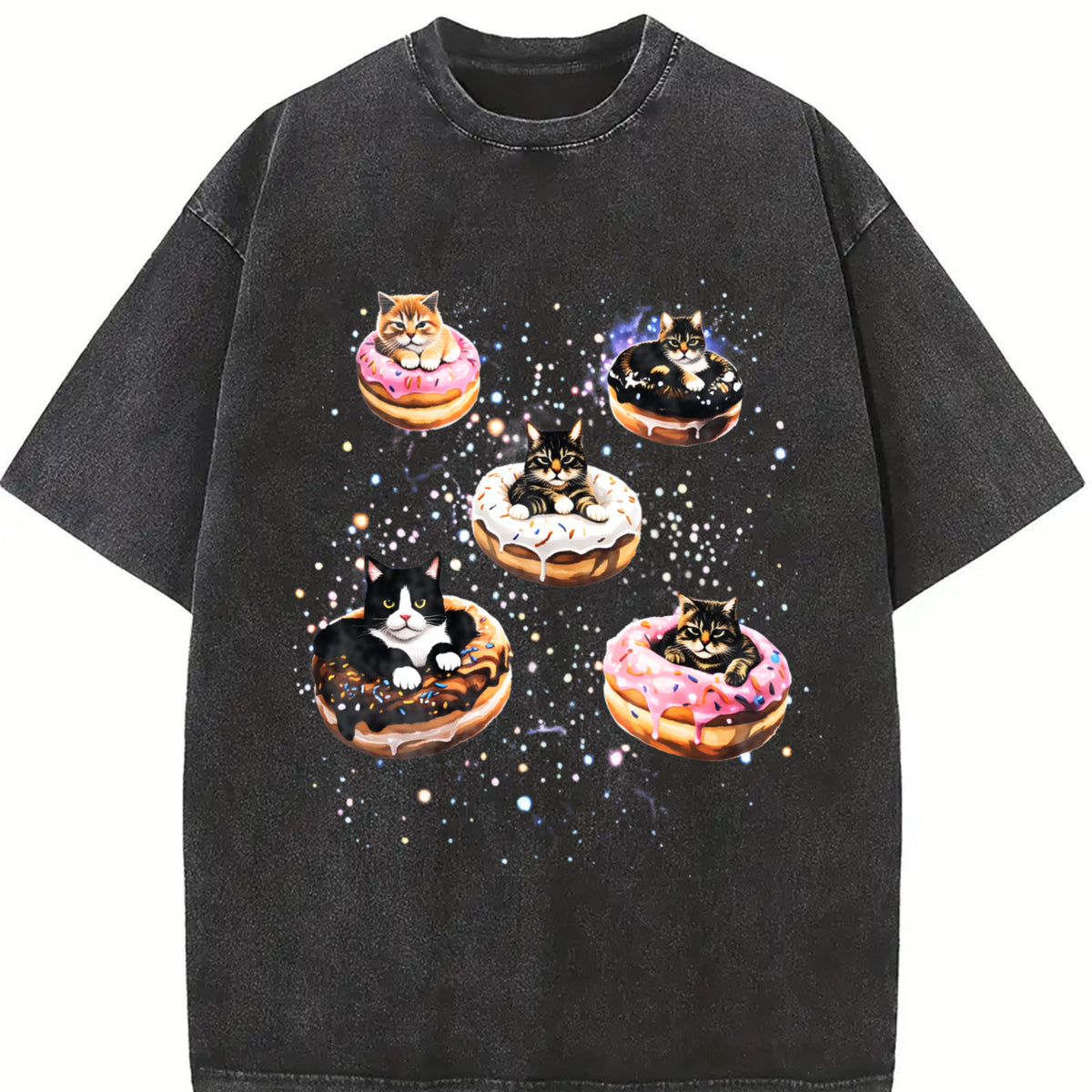 Cat Donut 90s Retro Cats in Space Vintage Washed T-Shirt in Black