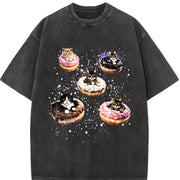 Cat Donut 90s Retro Cats in Space Vintage Washed T-Shirt in Black