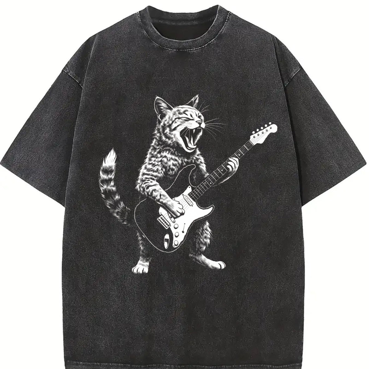 Rock Cat Guitar Playing Cat Vintage Washed T-Shirt in Black
