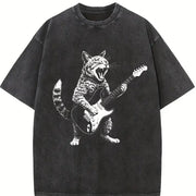 Rock Cat Guitar Playing Cat Vintage Washed T-Shirt in Black