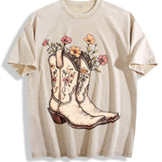 Western Cowgirl Boots Vintage Washed T-Shirt in Beige