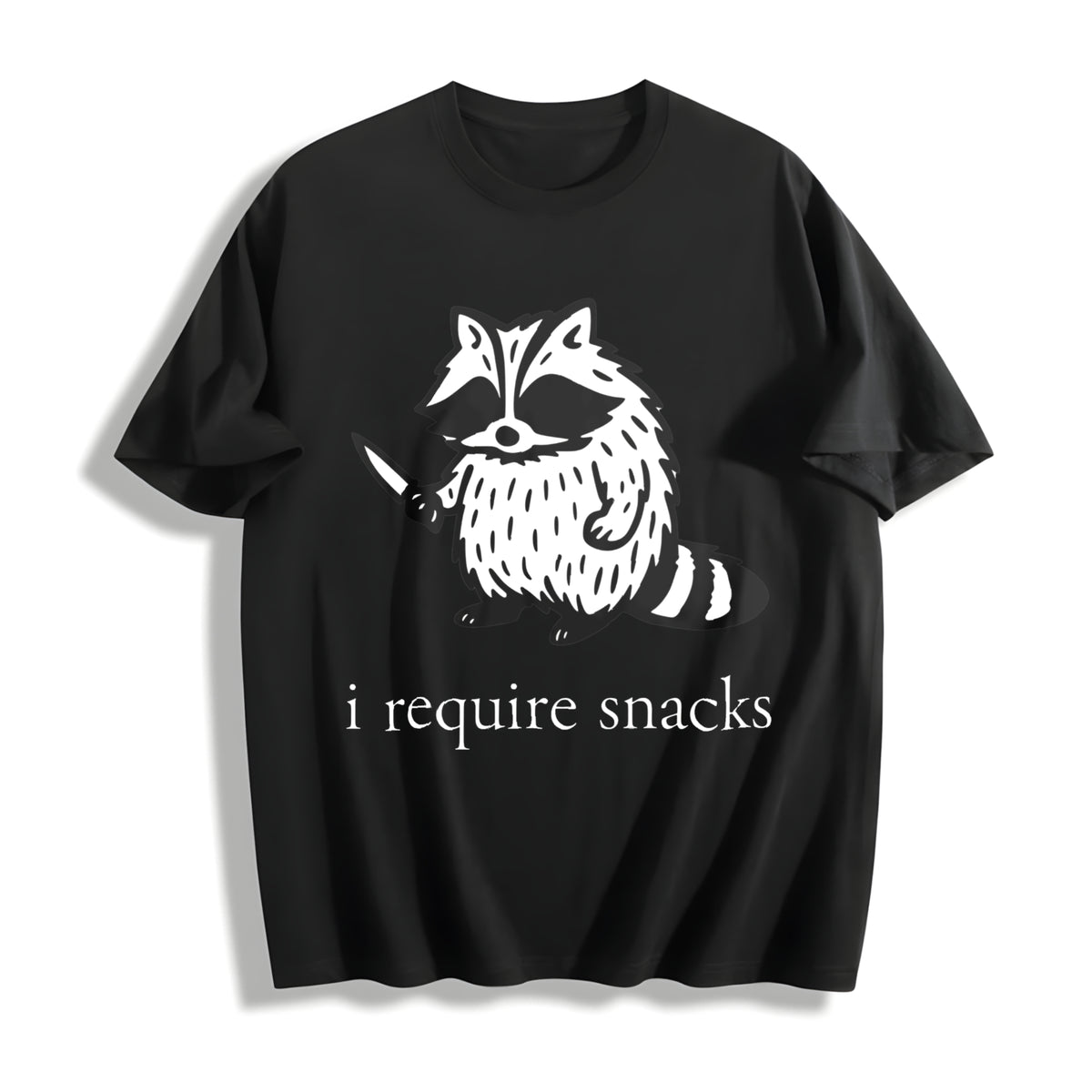 I Require Snacks Raccoon Cotton T-Shirt in Black