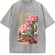 Desert Cactus Flower Letter Vintage Washed T-Shirt in Gray
