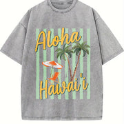 Aloha Hawaii Tropical Beach Retro Vintage Washed T-Shirt in Gray