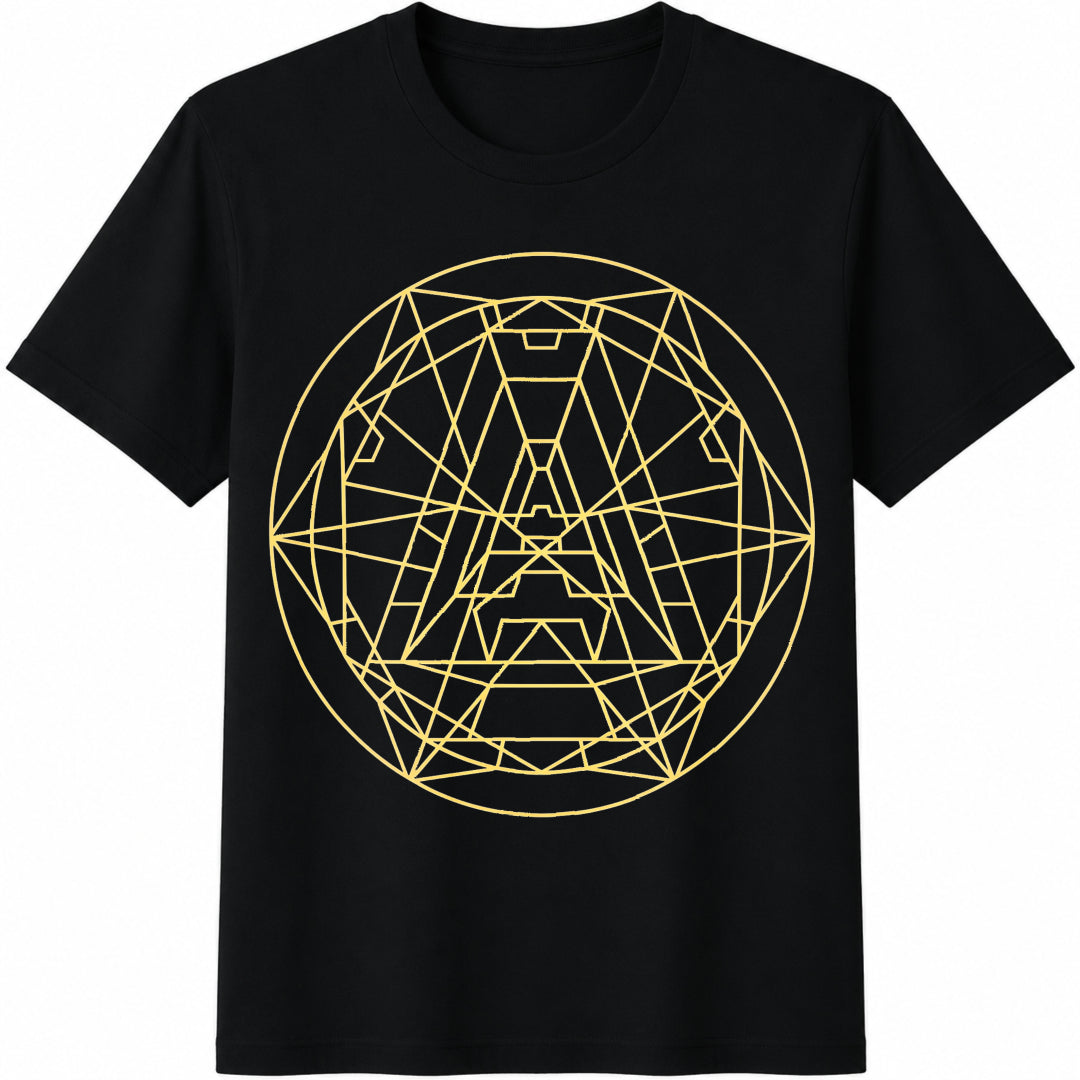 Geometric Wolf Mandala Cotton T-Shirt in Black