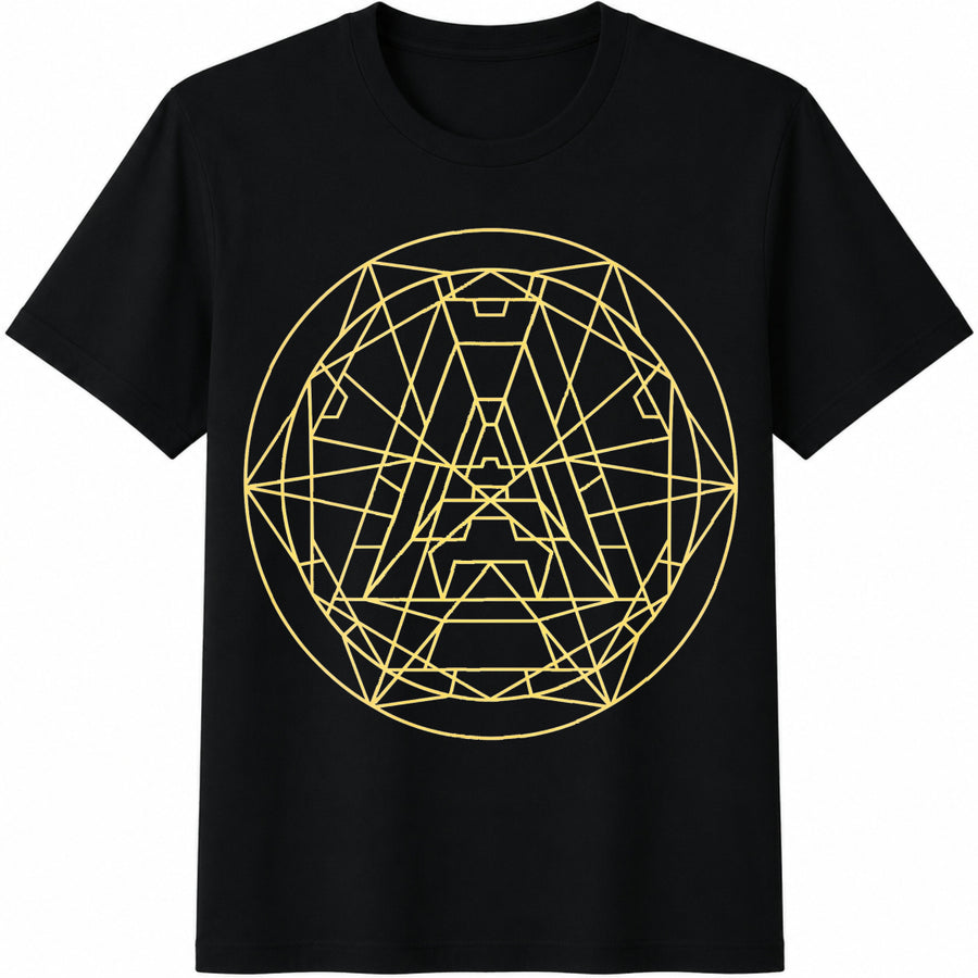 Geometric Wolf Mandala Cotton T-Shirt in Black
