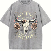 Western Cowboy - Black with Bull Skull & Floral vintage washed oversized T-shirt in Gray