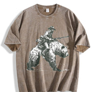 Retro Lumberjack Cowboy Riding a Bear 90s Vintage Washed T-Shirt in Brown