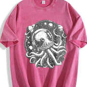 Retro Octopus in Space 90s Vintage Washed T-Shirt in Red