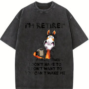 Ladies' with Cartoon Coffee Donkey Retired Vintage Washed T-Shirt in Black