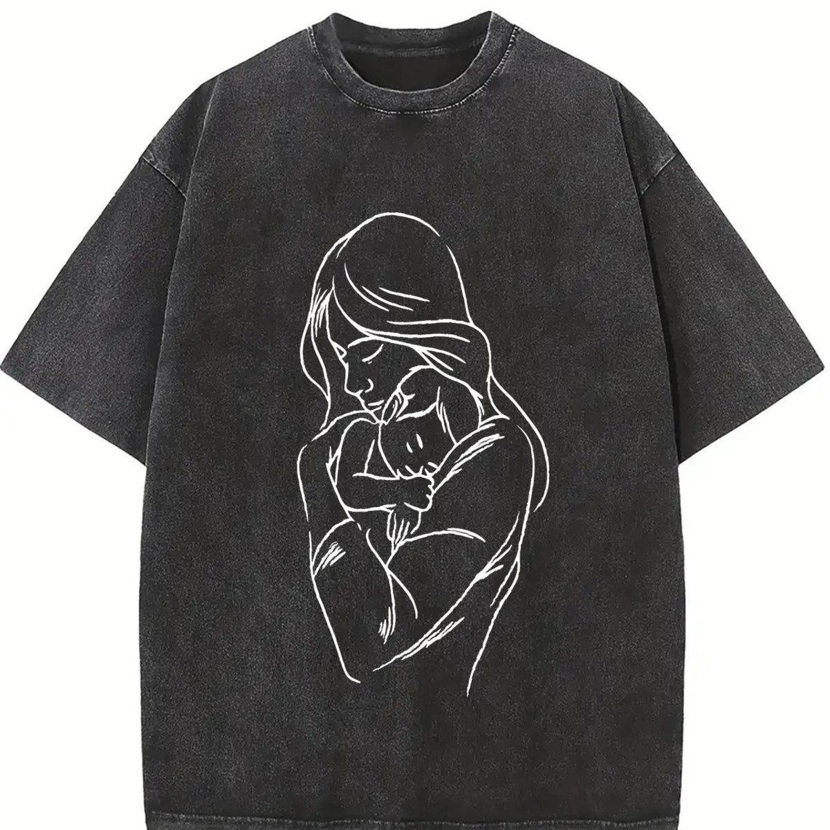 Mother and Child Line Art Vintage Washed T-Shirt in Black
