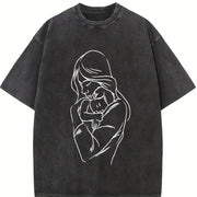 Mother and Child Line Art Vintage Washed T-Shirt in Black