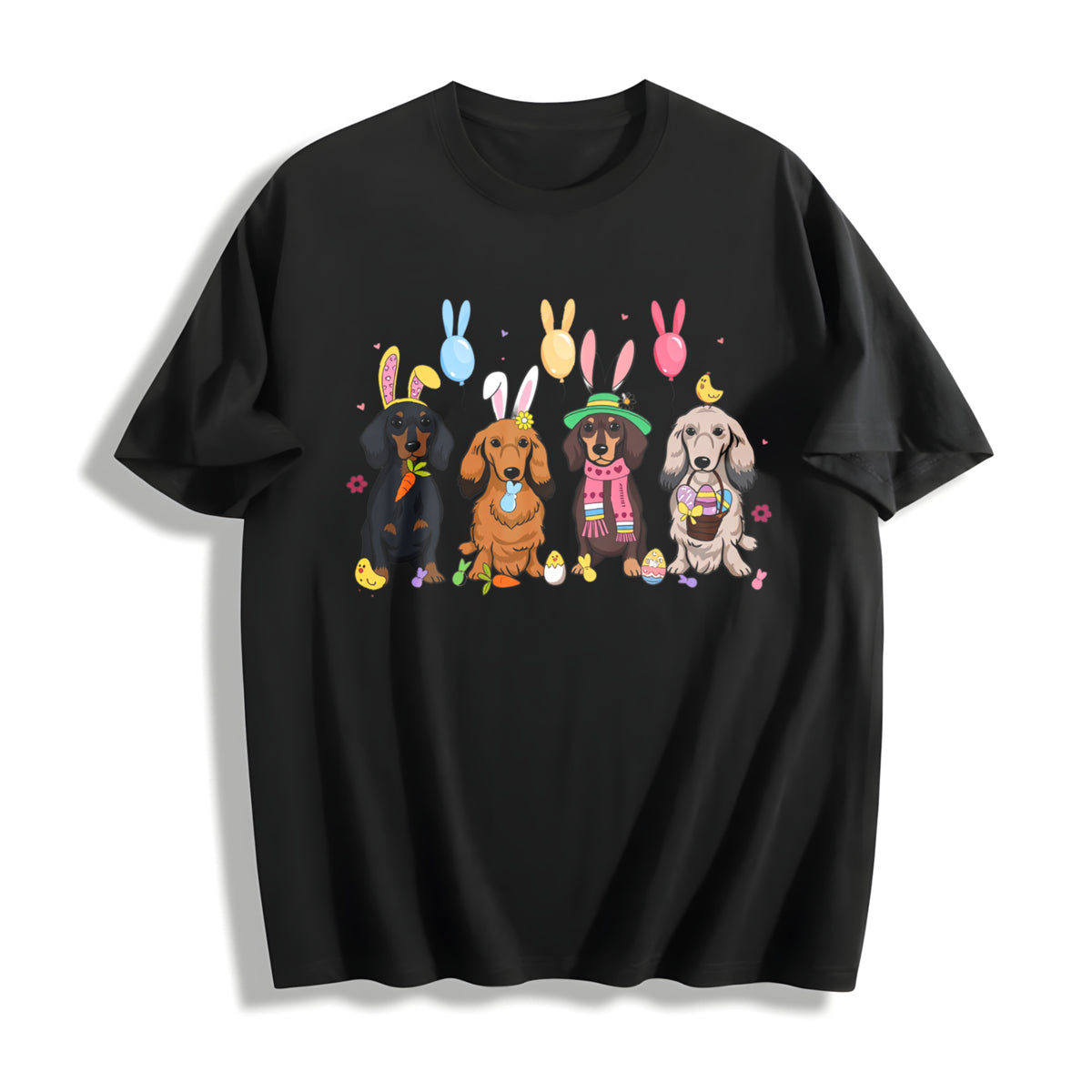 Dachshund with Bunny Ears Cotton T-Shirt in Black