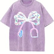 Batik Christmas Floral Bow Vintage Washed T-Shirt in Purple