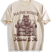 Retro Raccoon Reading Book 90s Vintage Washed T-Shirt in Beige