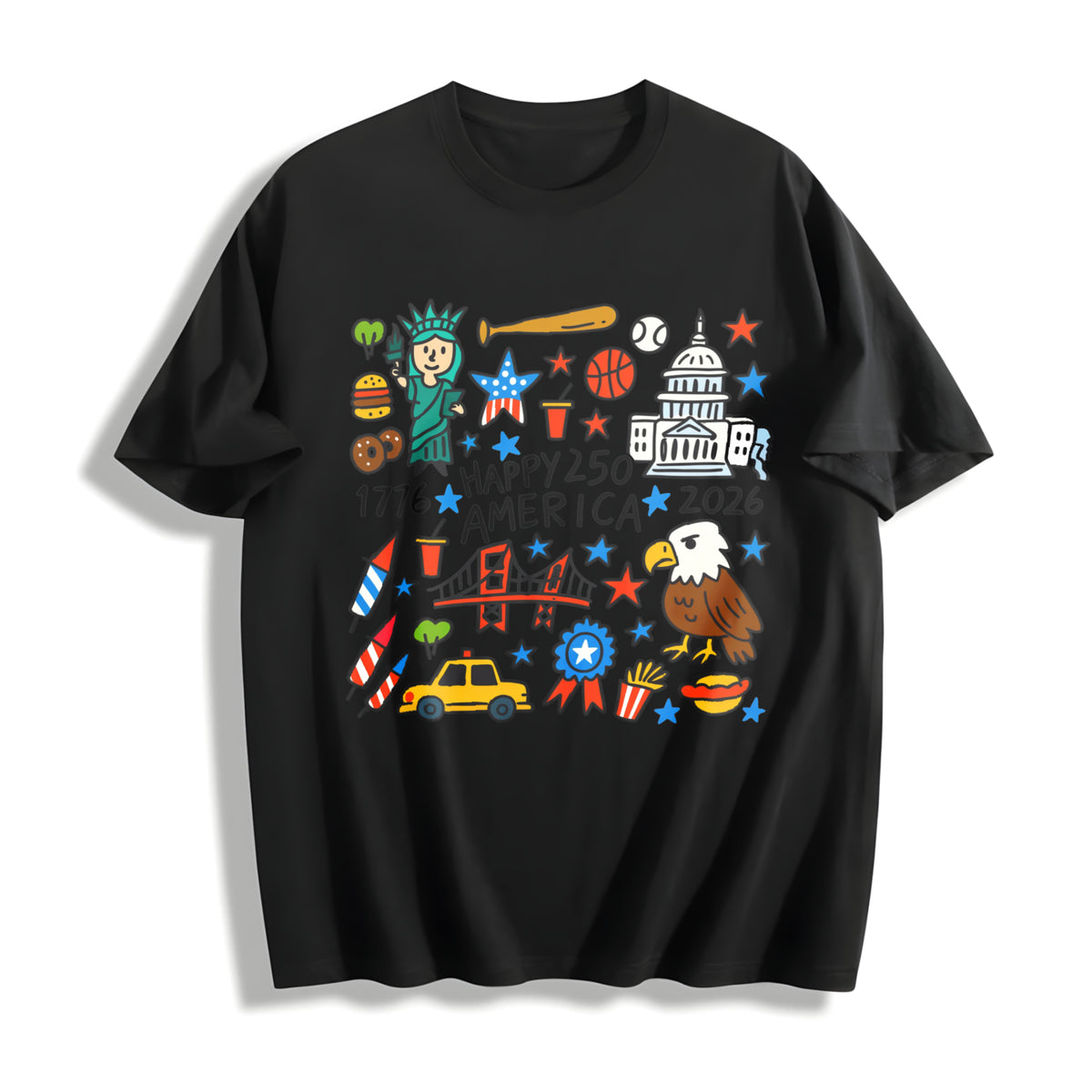 Happy 250 America USA Doodle Cotton T-Shirt in Black