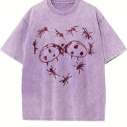 Batik - Ants Ladybugs Heart Prints vintage washed oversized T-shirt in Purple