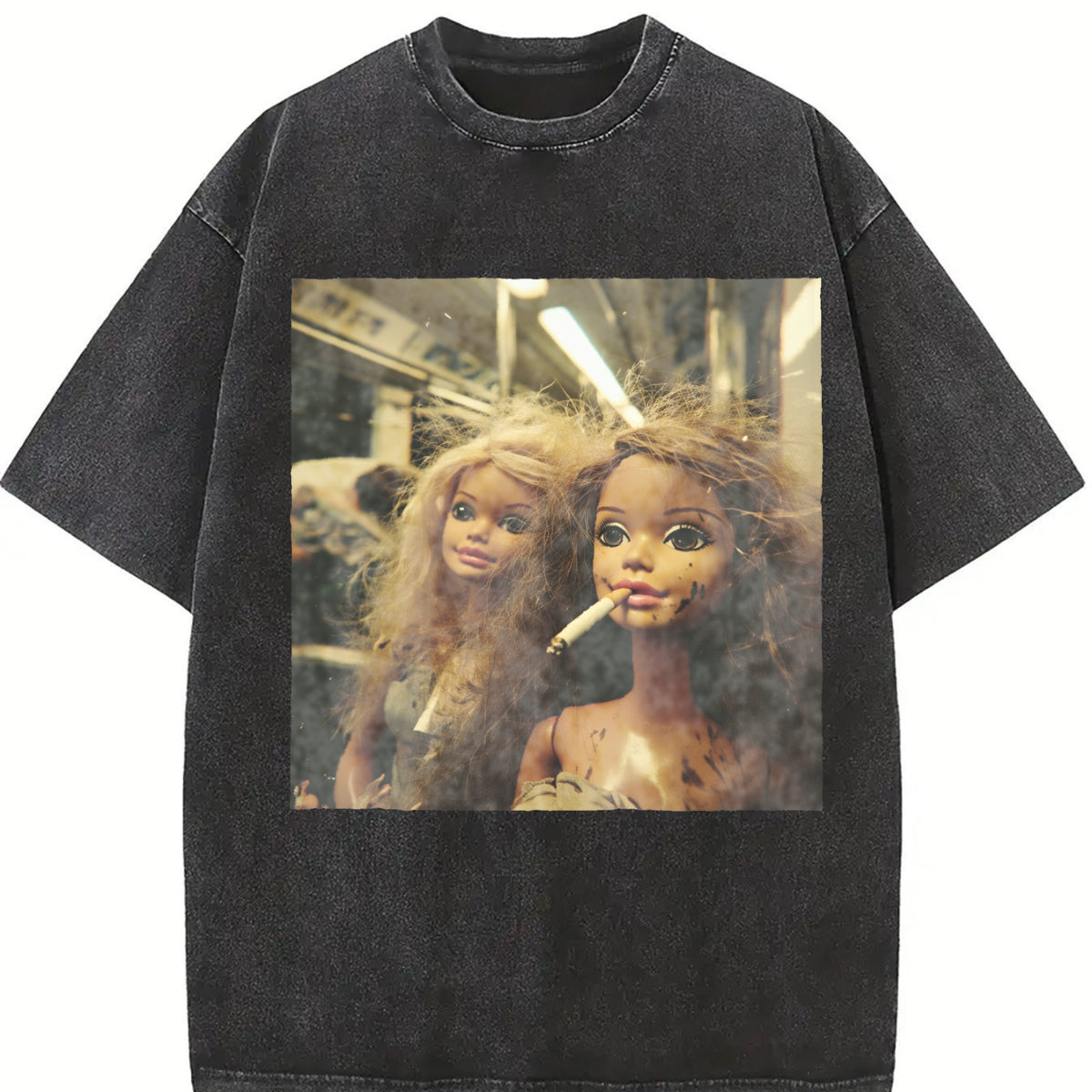 Two Smoking Glam Dolls Vintage Washed T-Shirt in Black