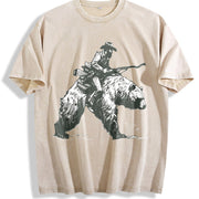 Retro Lumberjack Cowboy Riding a Bear 90s Vintage Washed T-Shirt in Beige