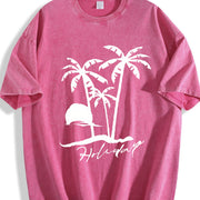 Beach Short-sleeved Sunset Beach for Spring Vintage Washed T-Shirt in Red