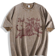 Hell Cat Cowgirl Riding Tiger Vintage Washed T-Shirt in Brown