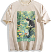 Monet Cat Art Water Lily Impressionist Vintage Washed T-Shirt in Beige