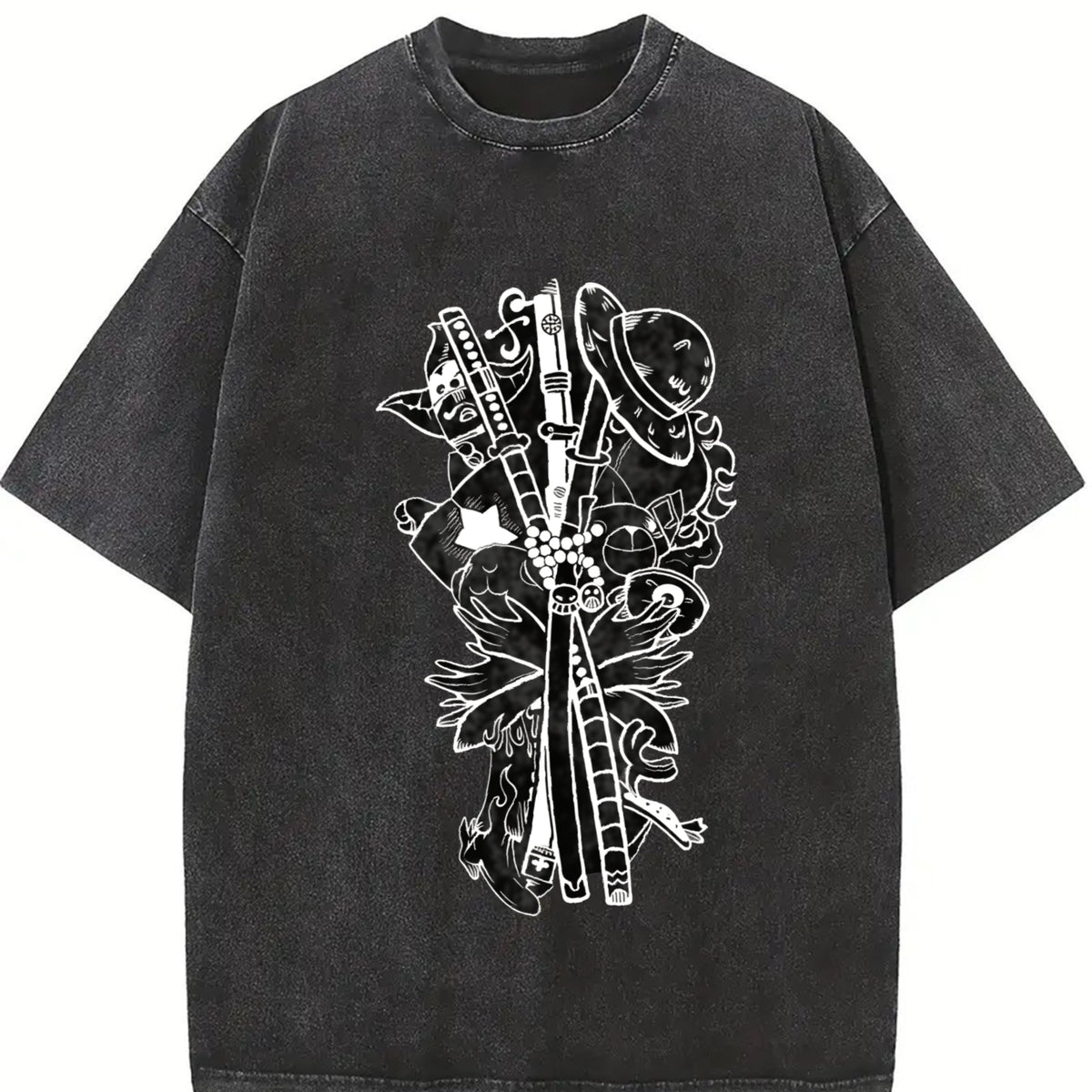 Gomu No Mi - One Pieceeee Anime Manga vintage washed oversized T-shirt in Black