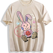 A Whimsical Cartoon Rabbit with Long Pink Ears Vintage Washed T-Shirt in Beige