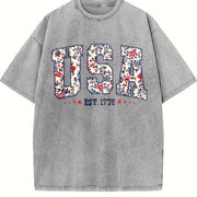 Floral USA Retro America Vintage Washed T-Shirt in Gray