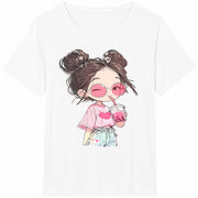 Cute Girl with Bubble Tea Cotton T-Shirt in White