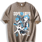 Japan Anime Soul Eater Black Star Printing Loose Harajuku vintage washed oversized T-shirt in Brown