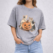 90s Cat Pumpkin Halloween vintage washed oversized T-shirt in Gray