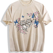 Kitten Cute Cats & Bluebirds Floral Vintage Washed T-Shirt in Beige