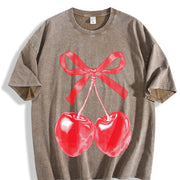 Retro Cherry Bow Halftone Vintage Washed T-Shirt in Brown