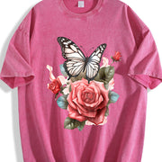 Elegant S Floral Soft Breathable Pink Rose and Green vintage washed oversized T-shirt in Red