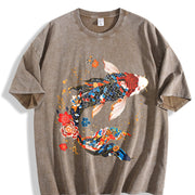 Koi Fish Theme Loose Versatile Trend Pure Vintage Washed T-Shirt in Brown