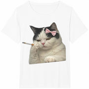 Smoking Cat Cute Bow Cat Meme Cotton T-Shirt in White