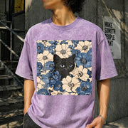Black Cat Floral Vintage Washed T-Shirt in Purple