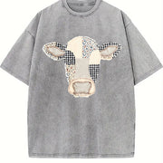 Faux Patchwork Cow Vintage Washed T-Shirt in Gray